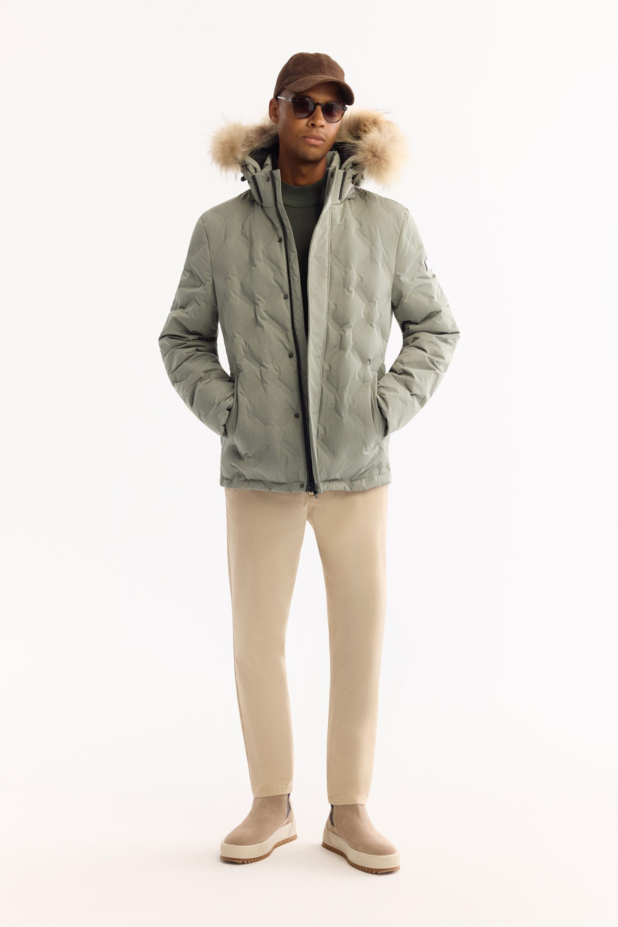 Nil Yeşili 100% Rakun Kürklü Kapüşonlu Kaz Tüyü Mont