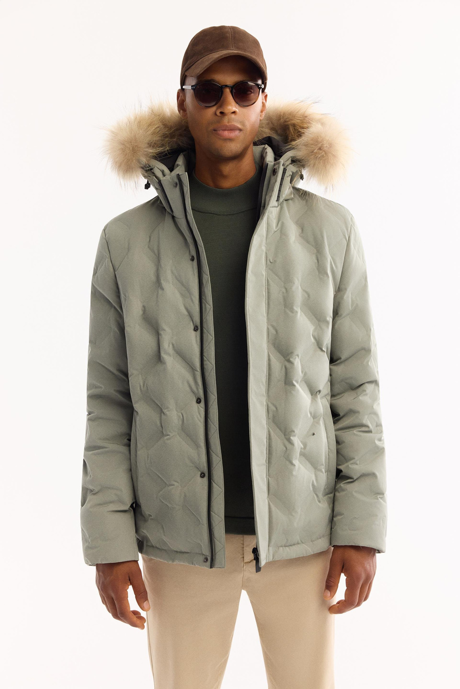 Nil Yeşili 100% Rakun Kürklü Kapüşonlu Kaz Tüyü Mont