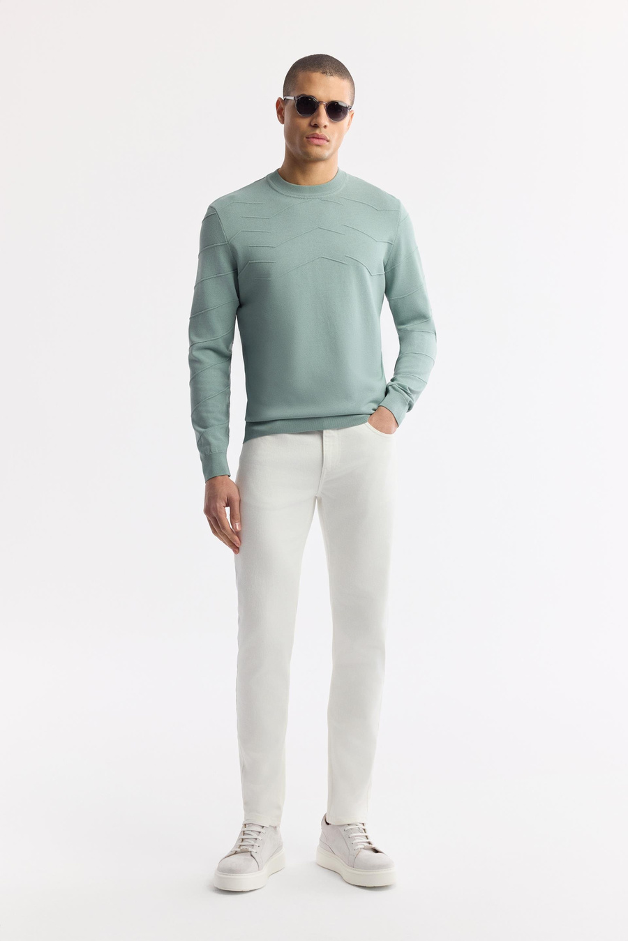 Nil Yeşili Bisiklet Yaka Ön Roba ve Kolları Örgü Detaylı Rayon Kazak