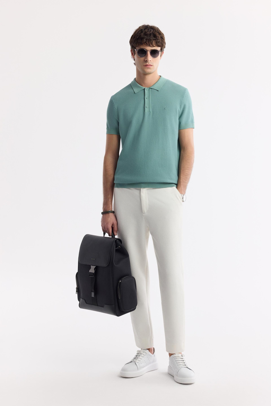 Nil Yeşili Polo Yaka Dokulu Triko T-shirt