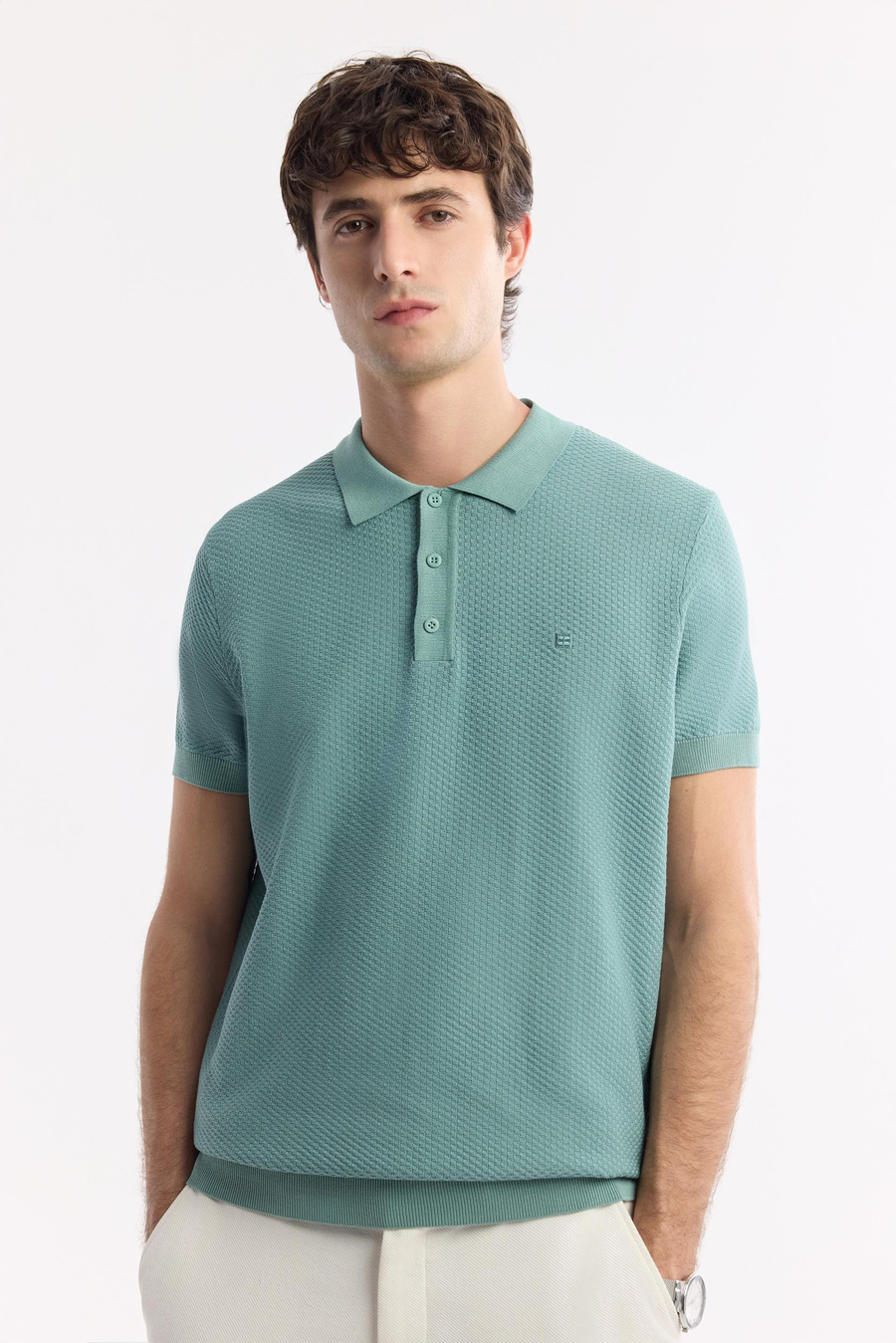 Nil Yeşili Polo Yaka Dokulu Triko T-shirt