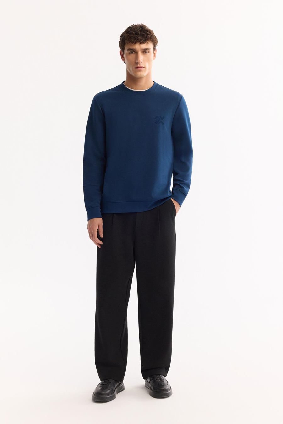 Petrol Mavi Bisiklet Yaka Piramit Baskılı İnterlok Sweatshirt