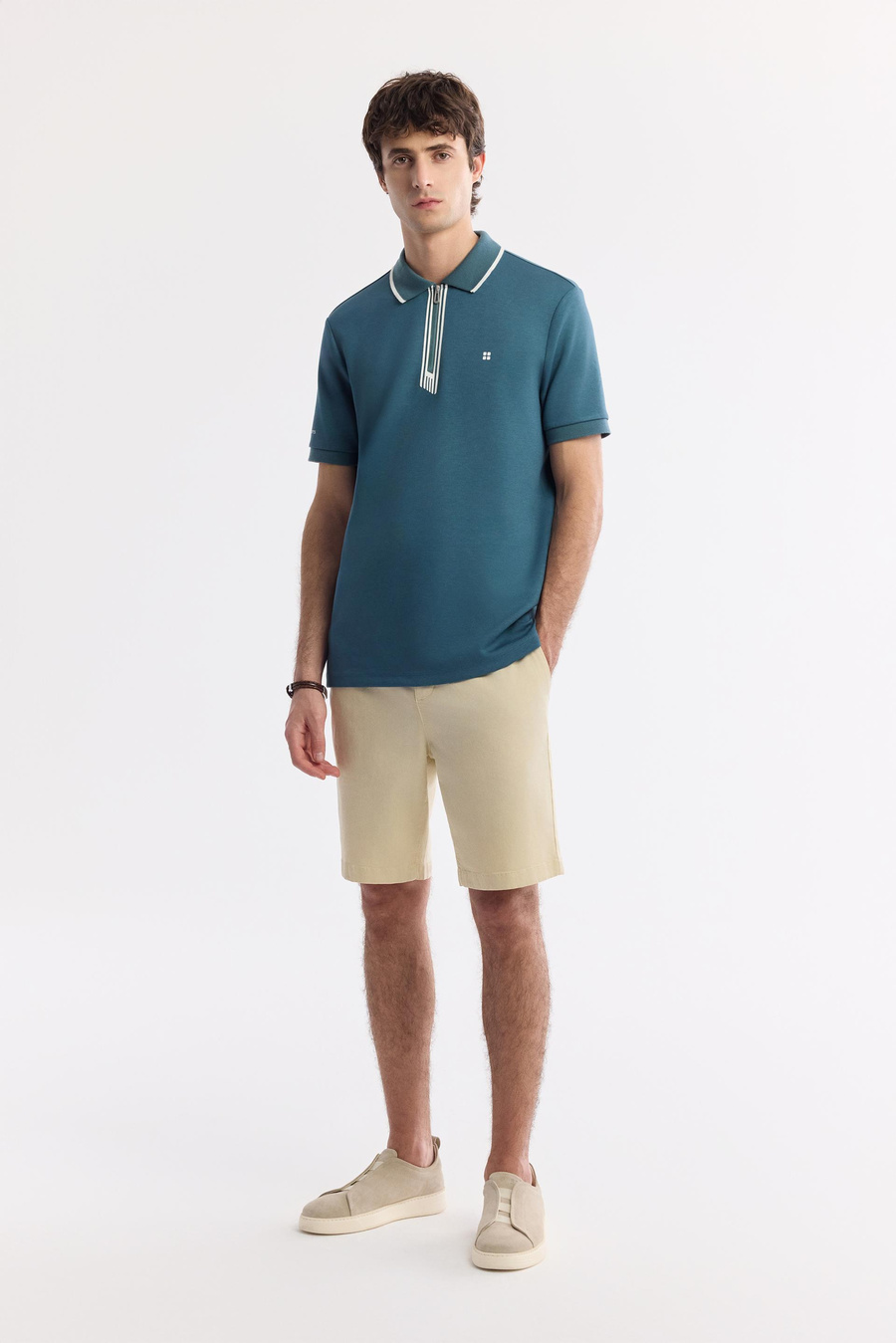 Petrol Mavi Fermuarlı Polo Yaka Flexi Baskı Detaylı İnterlok T-Shirt