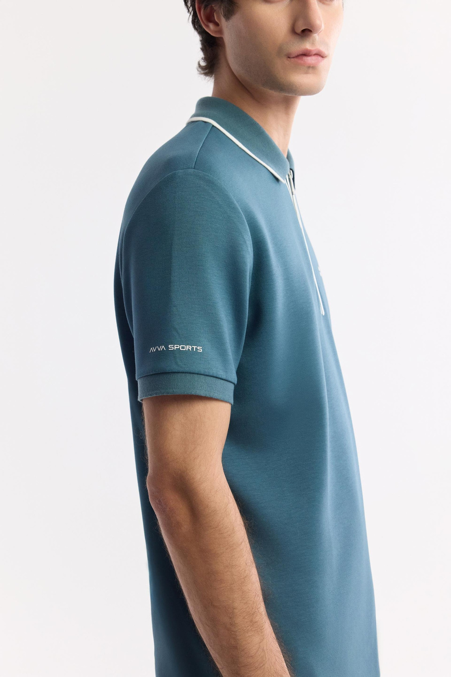 Petrol Mavi Fermuarlı Polo Yaka Flexi Baskı Detaylı İnterlok T-Shirt