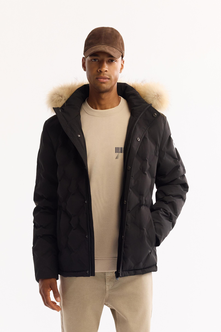 Siyah 100% Rakun Kürklü Kapüşonlu Kaz Tüyü Mont