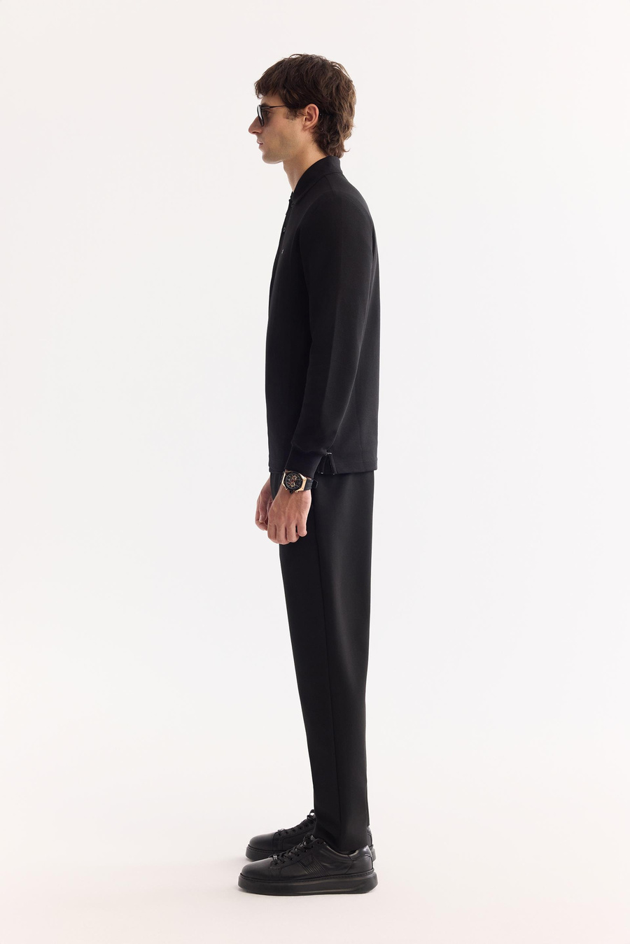 Siyah 2 Düğmeli Pamuklu Polo Yaka Basic Sweatshirt