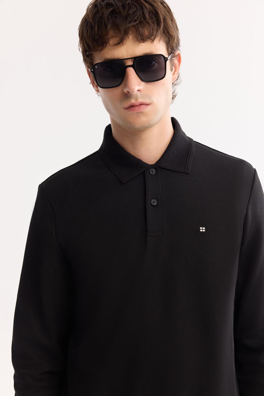 Siyah 2 Düğmeli Pamuklu Polo Yaka Basic Sweatshirt