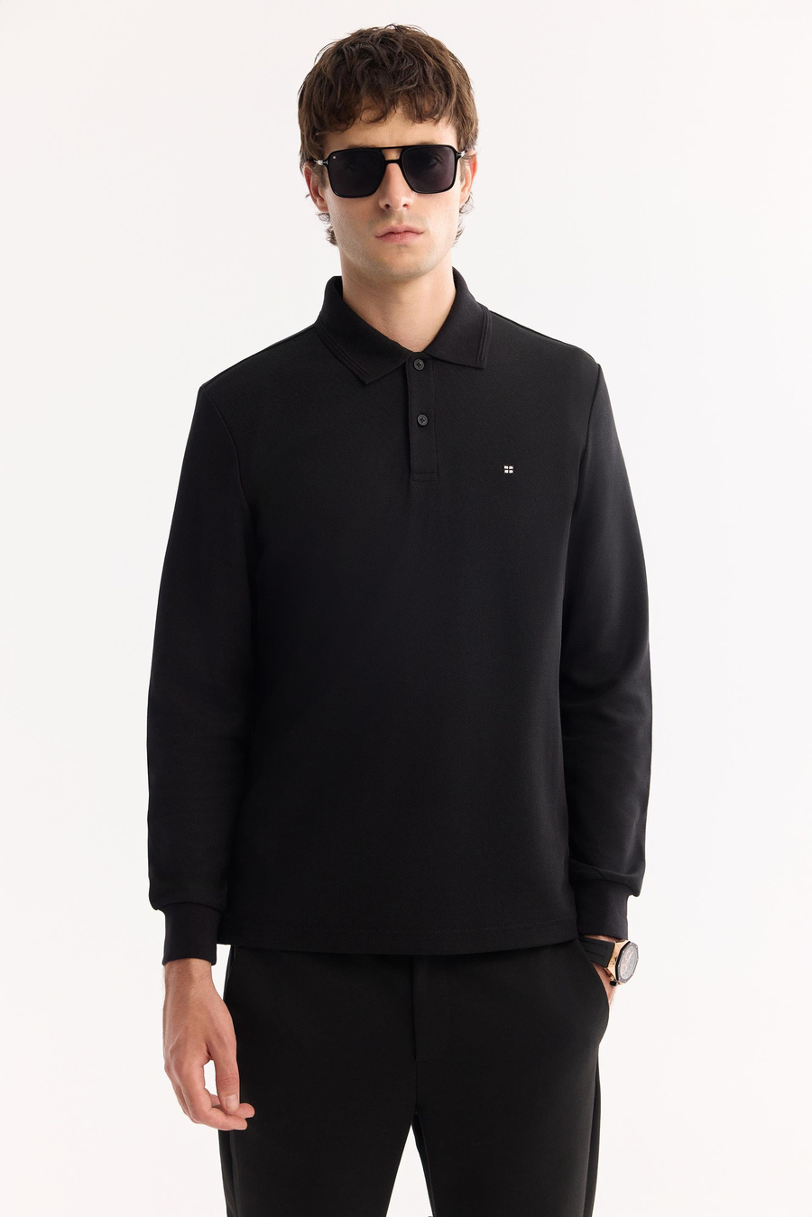 Siyah 2 Düğmeli Pamuklu Polo Yaka Basic Sweatshirt