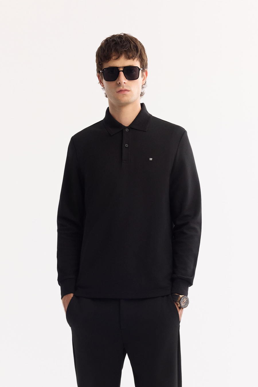 Siyah 2 Düğmeli Pamuklu Polo Yaka Basic Sweatshirt