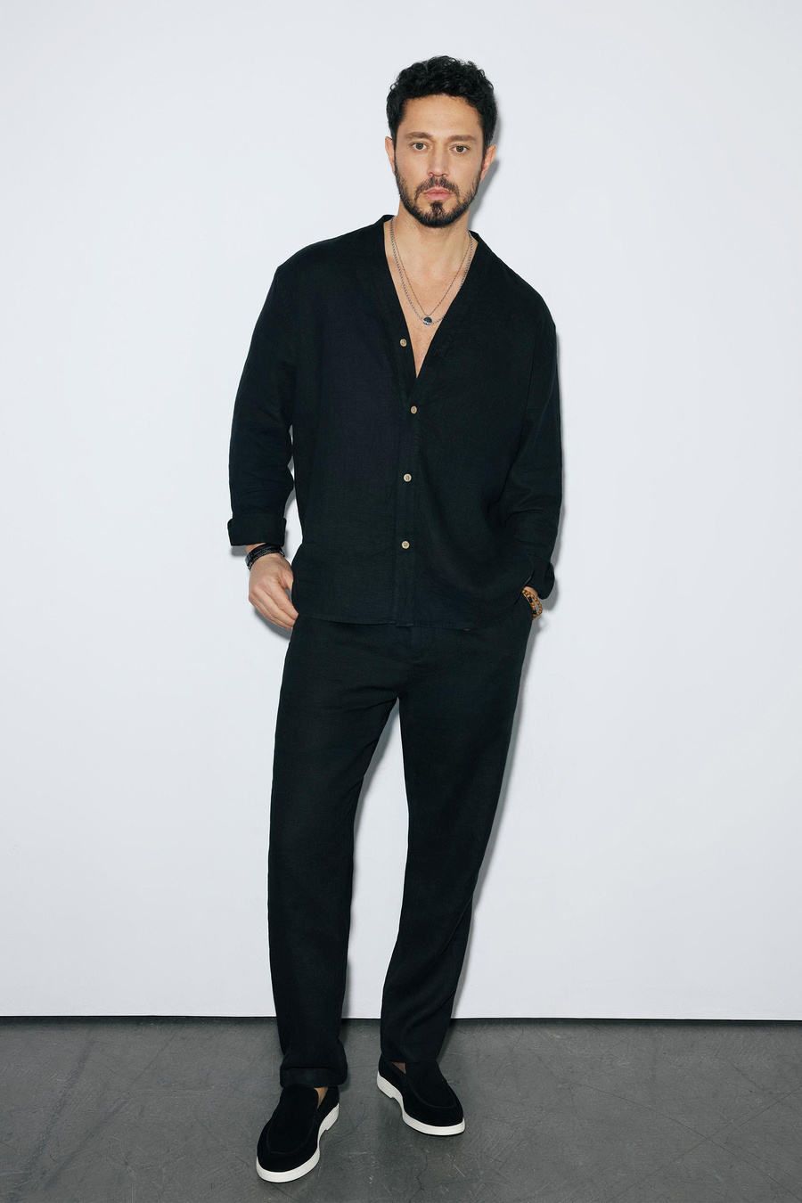 Black Linen Drawstring Trousers