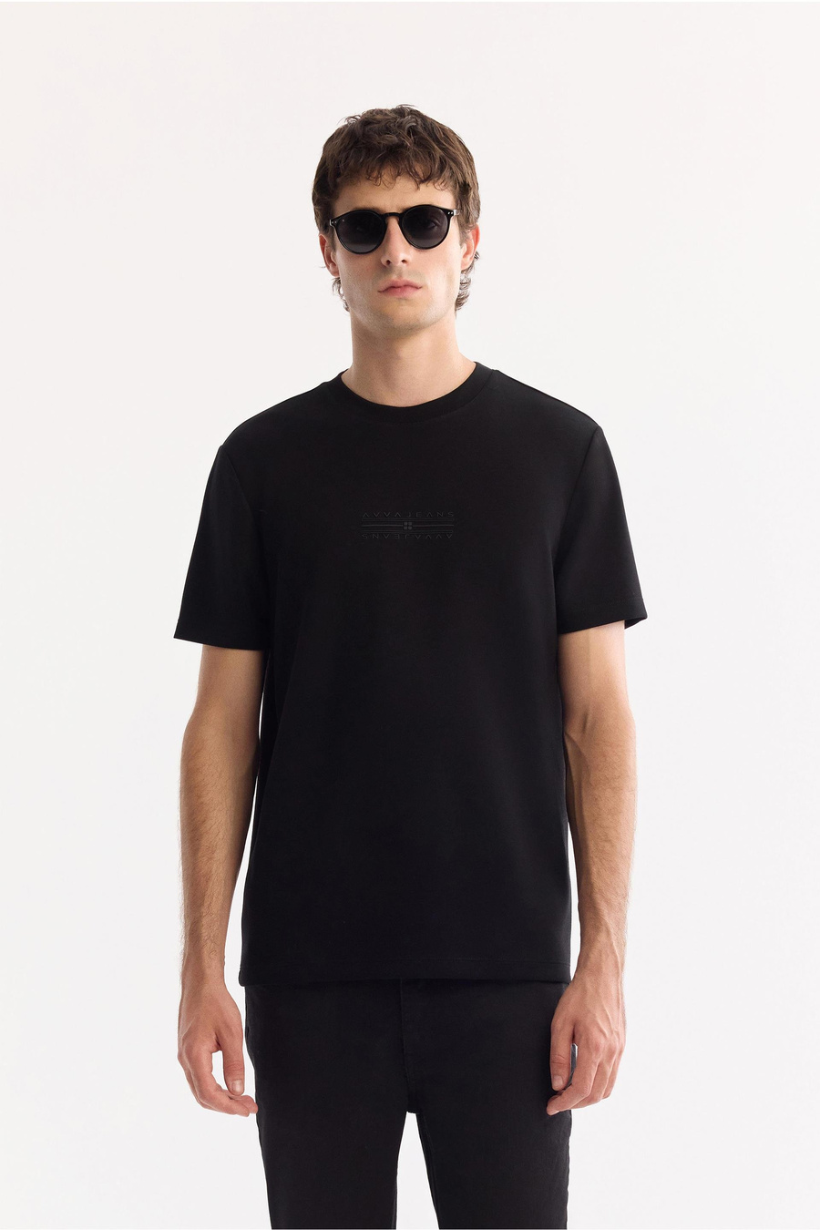 Siyah Bisiklet Yaka Enjeksiyon Baskılı İnterlok T-Shirt