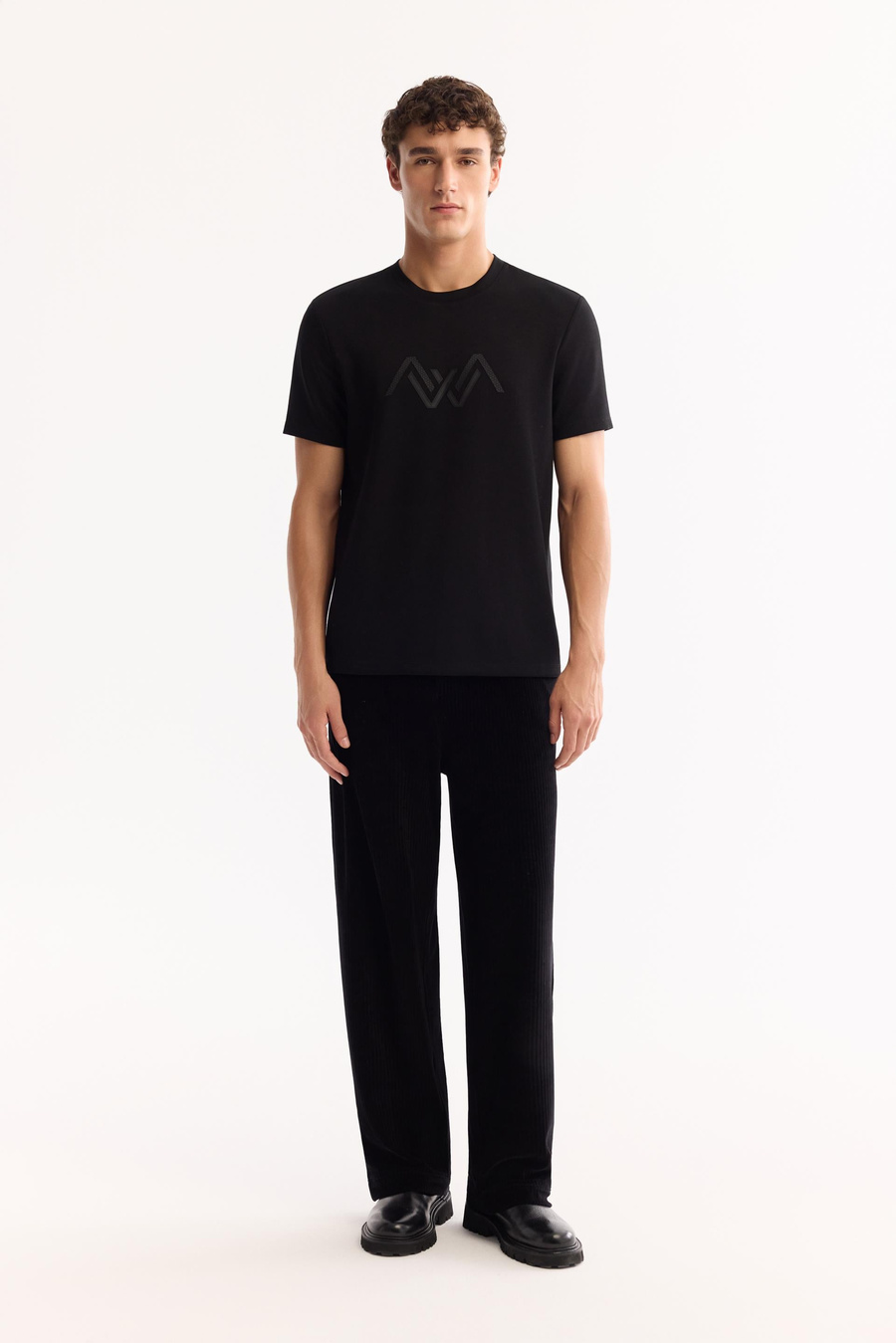 Siyah Bisiklet Yaka Enjeksiyon Baskılı İnterlok T-Shirt