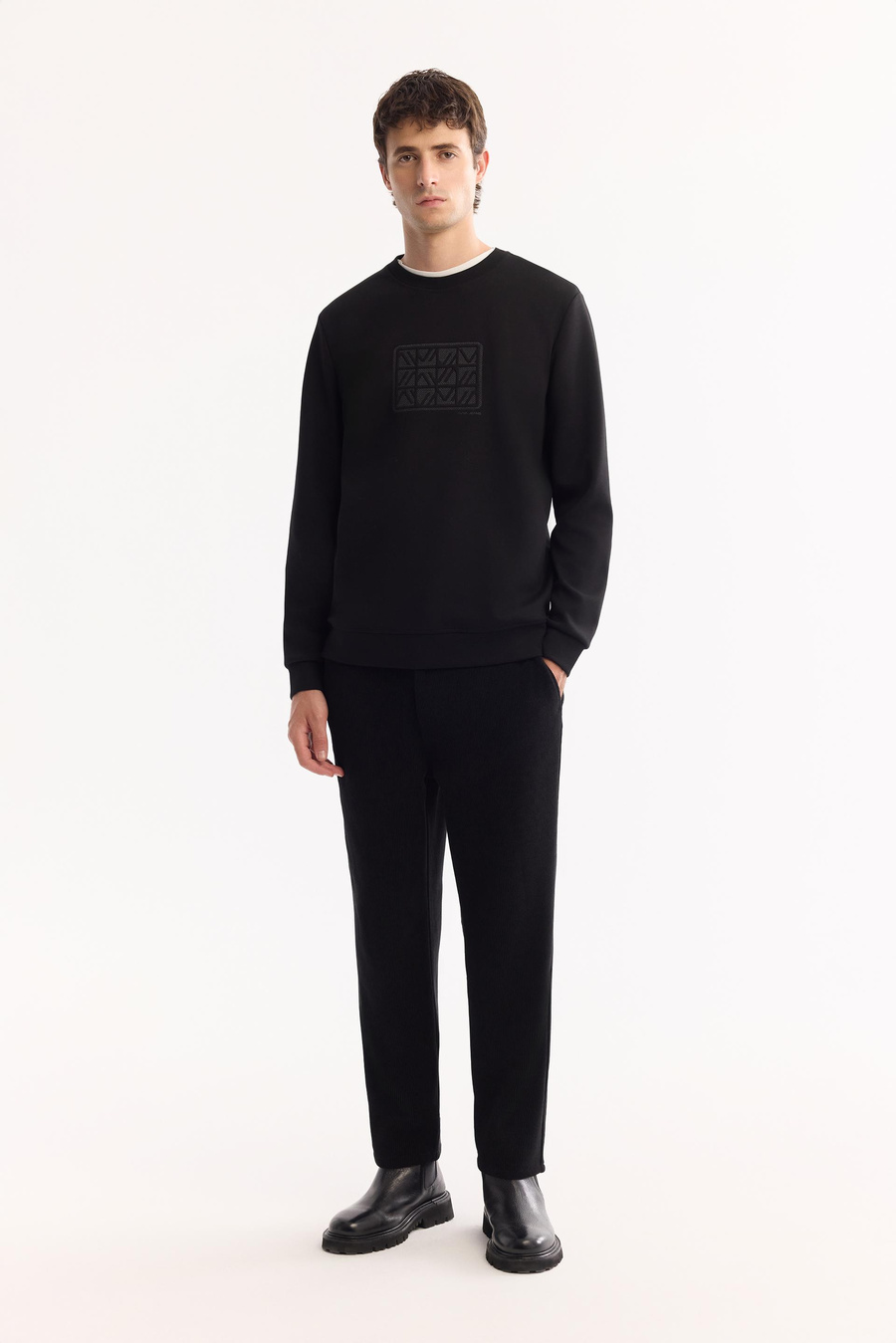 Siyah Bisiklet Yaka Aplike Baskı   İnterlok Sweatshirt