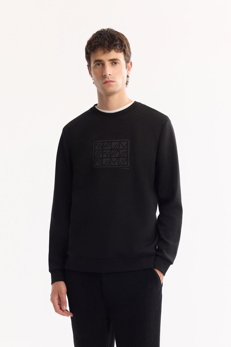 Siyah Bisiklet Yaka Aplike Baskı   İnterlok Sweatshirt