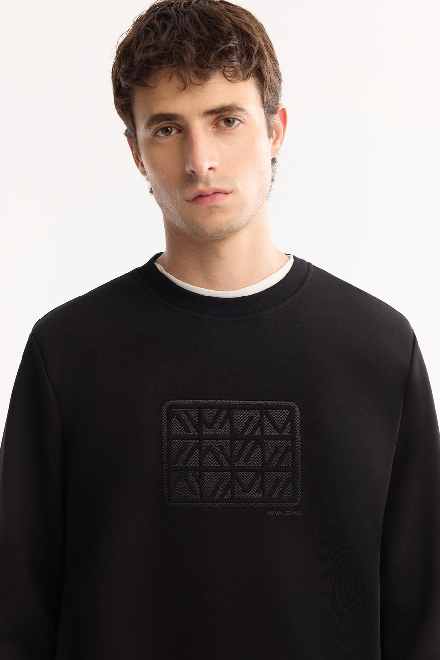 Siyah Bisiklet Yaka Aplike Baskı   İnterlok Sweatshirt