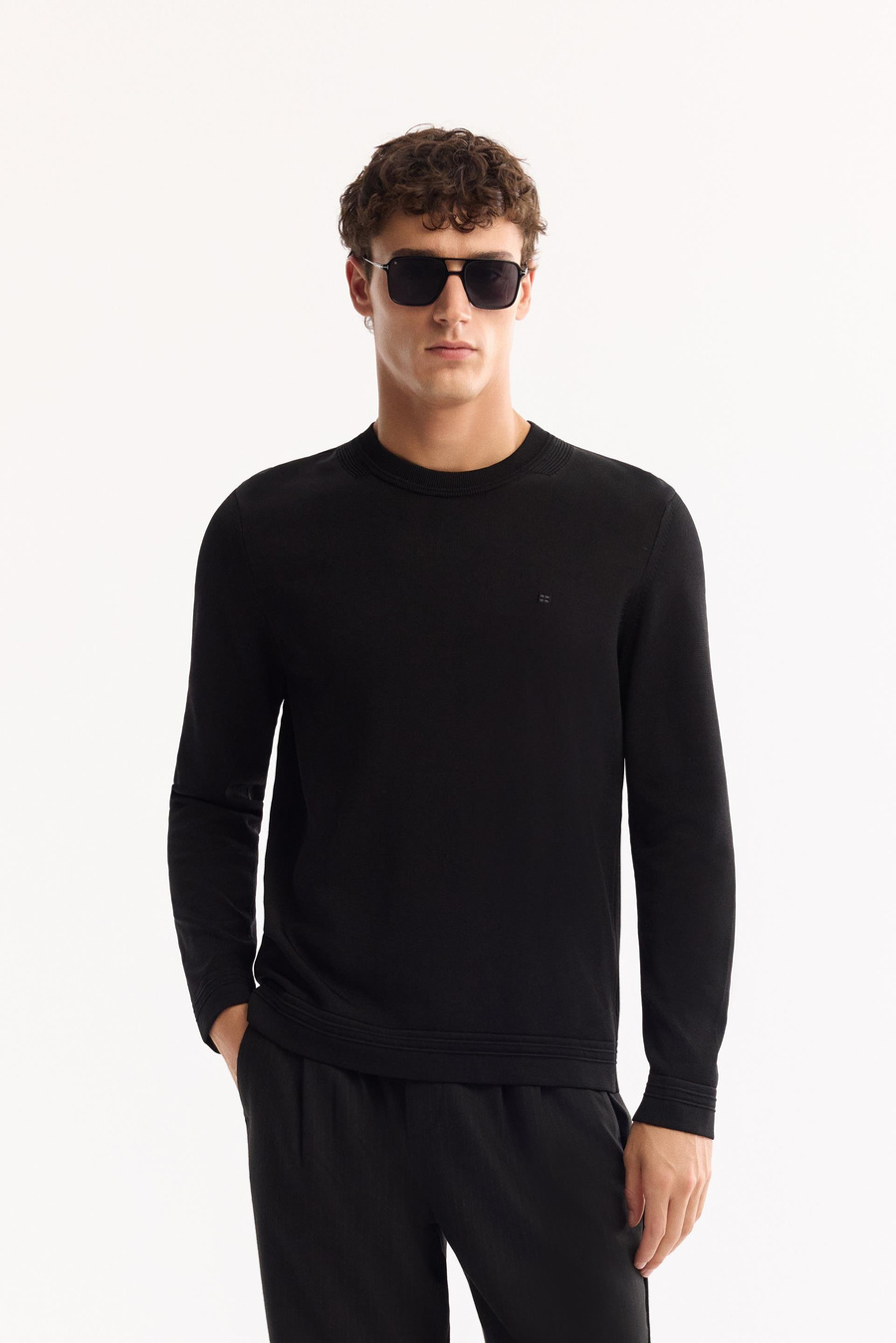 Siyah Bisiklet Yaka Düz Rayon Kazak