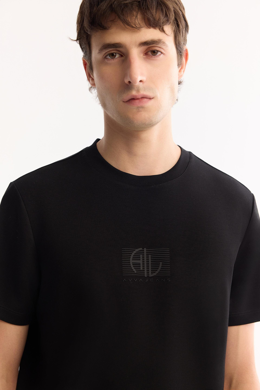 Siyah Bisiklet Yaka Enjeksiyon Baskılı İnterlok T-Shirt