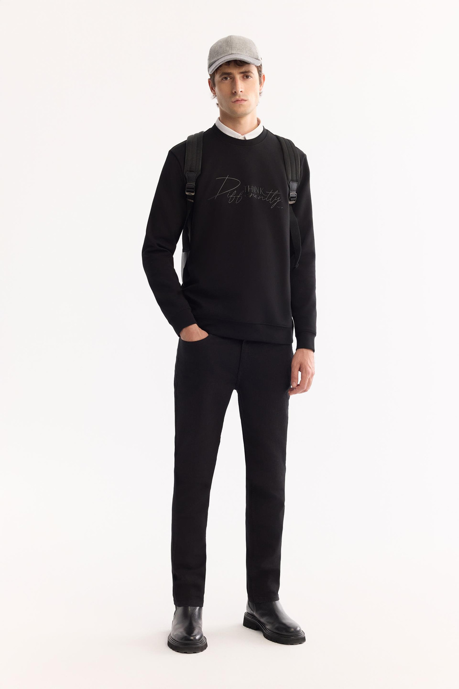 Siyah Bisiklet Yaka Enjeksiyon  Baskılı İnterlok Sweatshirt