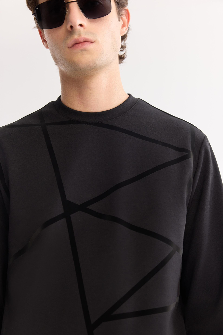 Siyah Bisiklet Yaka Fileksi Baskılı İnterlok  Sweatshirt