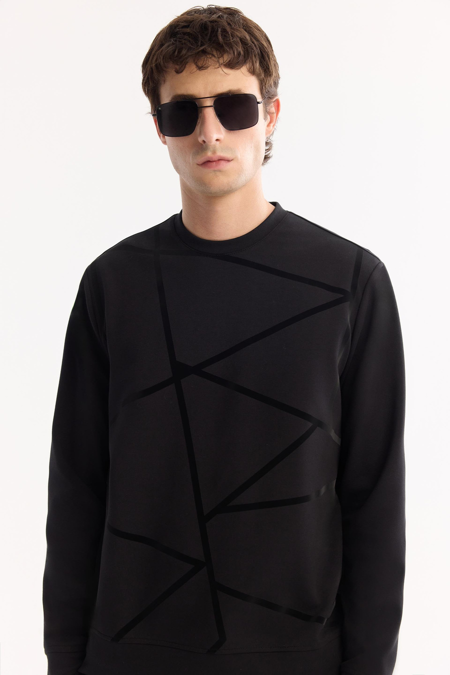 Siyah Bisiklet Yaka Fileksi Baskılı İnterlok  Sweatshirt