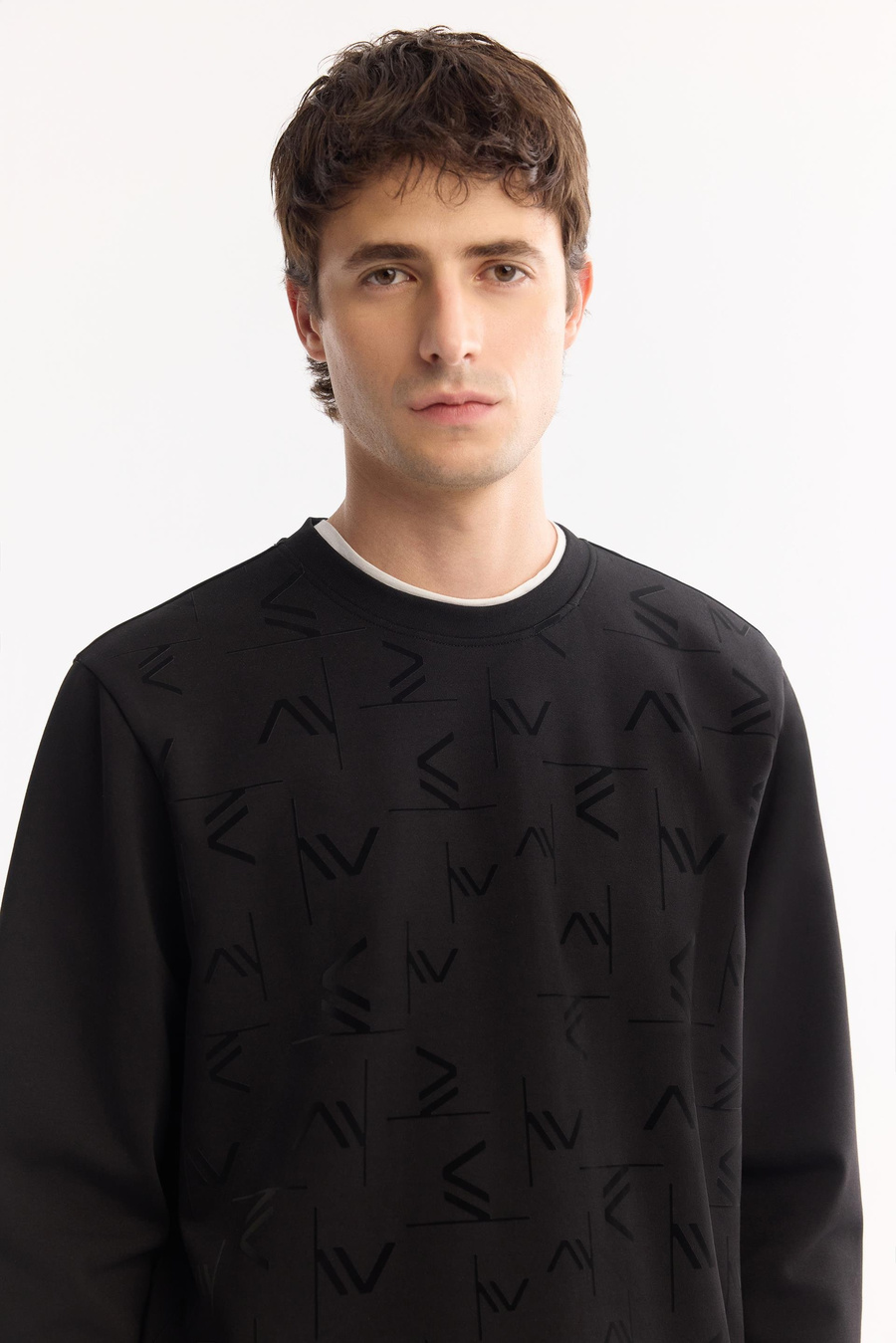 Siyah Bisiklet Yaka Fileksi  Baskılı İnterlok Sweatshirt