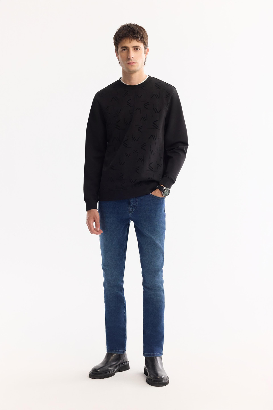 Siyah Bisiklet Yaka Fileksi  Baskılı İnterlok Sweatshirt