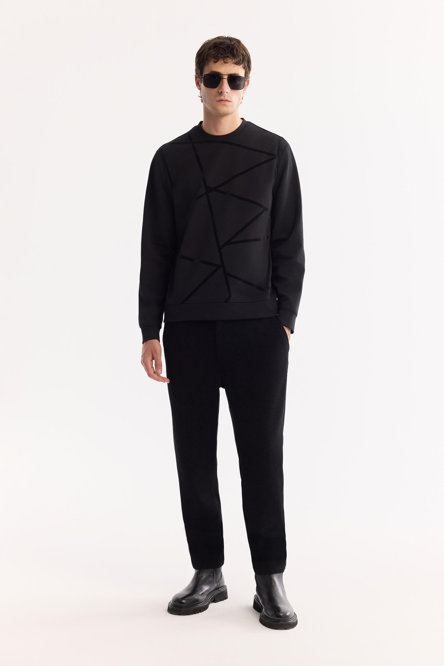 Siyah Bisiklet Yaka Fileksi Baskılı İnterlok  Sweatshirt