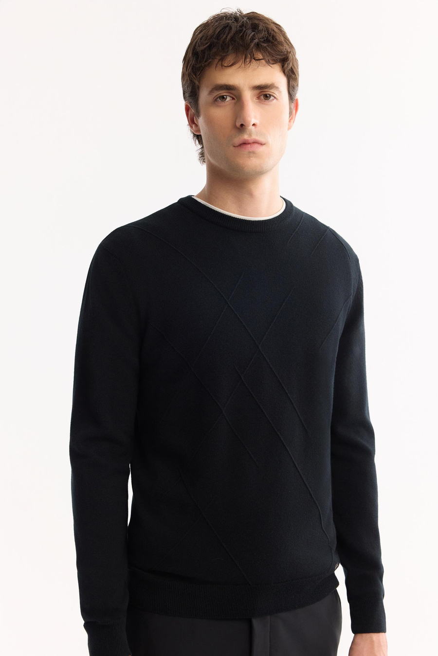 Siyah Bisiklet Yaka Fitil Örgü Detaylı Soft Touch Kazak