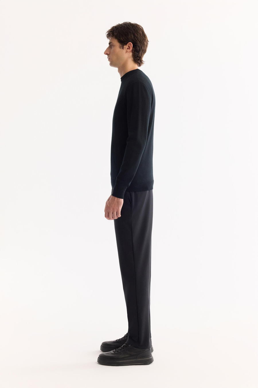 Siyah Bisiklet Yaka Fitil Örgü Detaylı Soft Touch Kazak