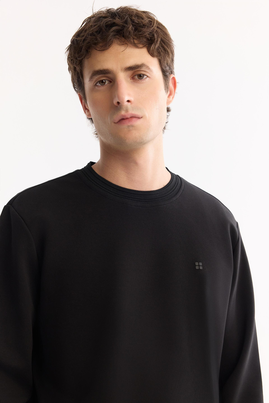 Siyah Bisiklet Yaka Fitil Ribana İnterlok  Sweatshirt