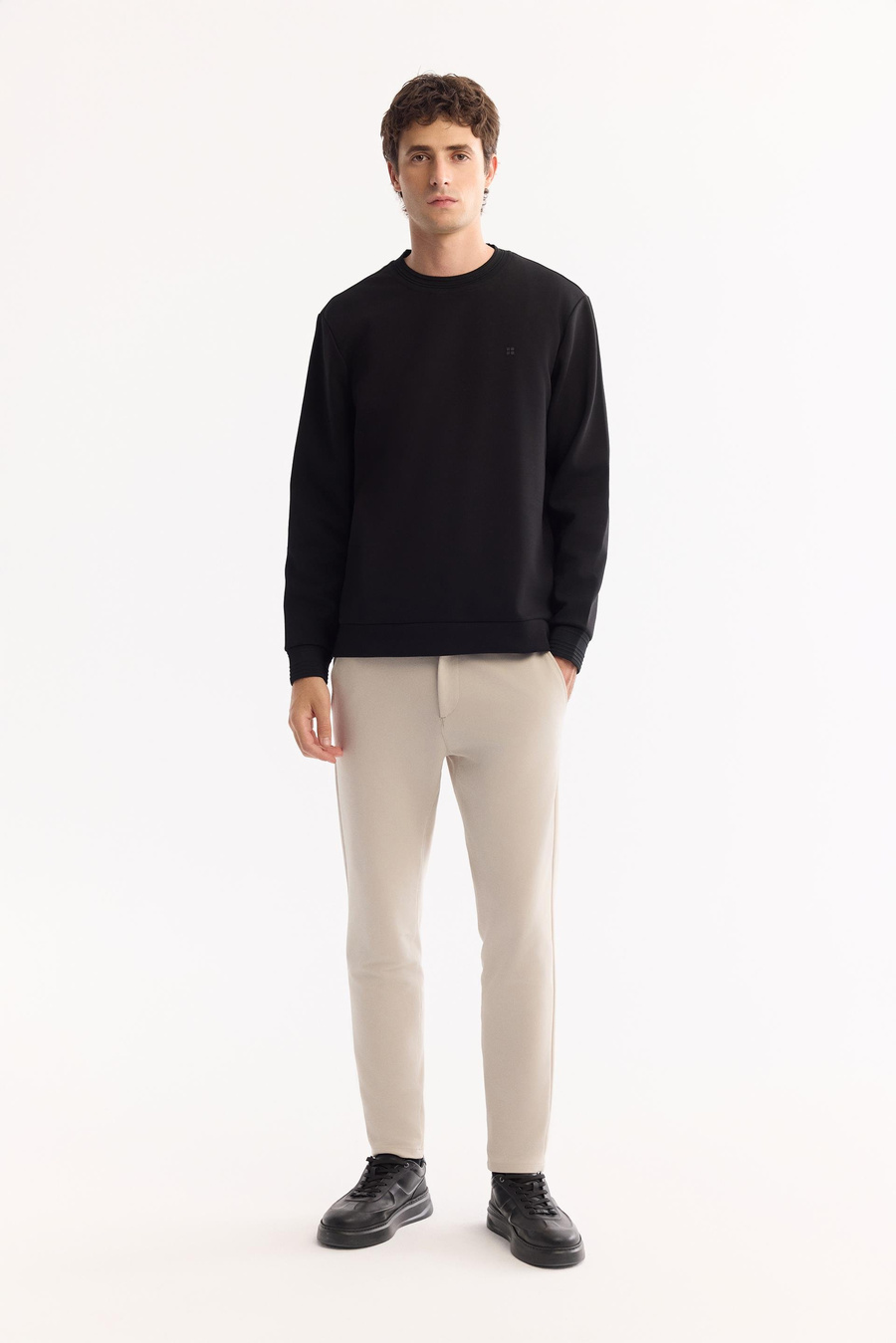 Siyah Bisiklet Yaka Fitil Ribana İnterlok  Sweatshirt