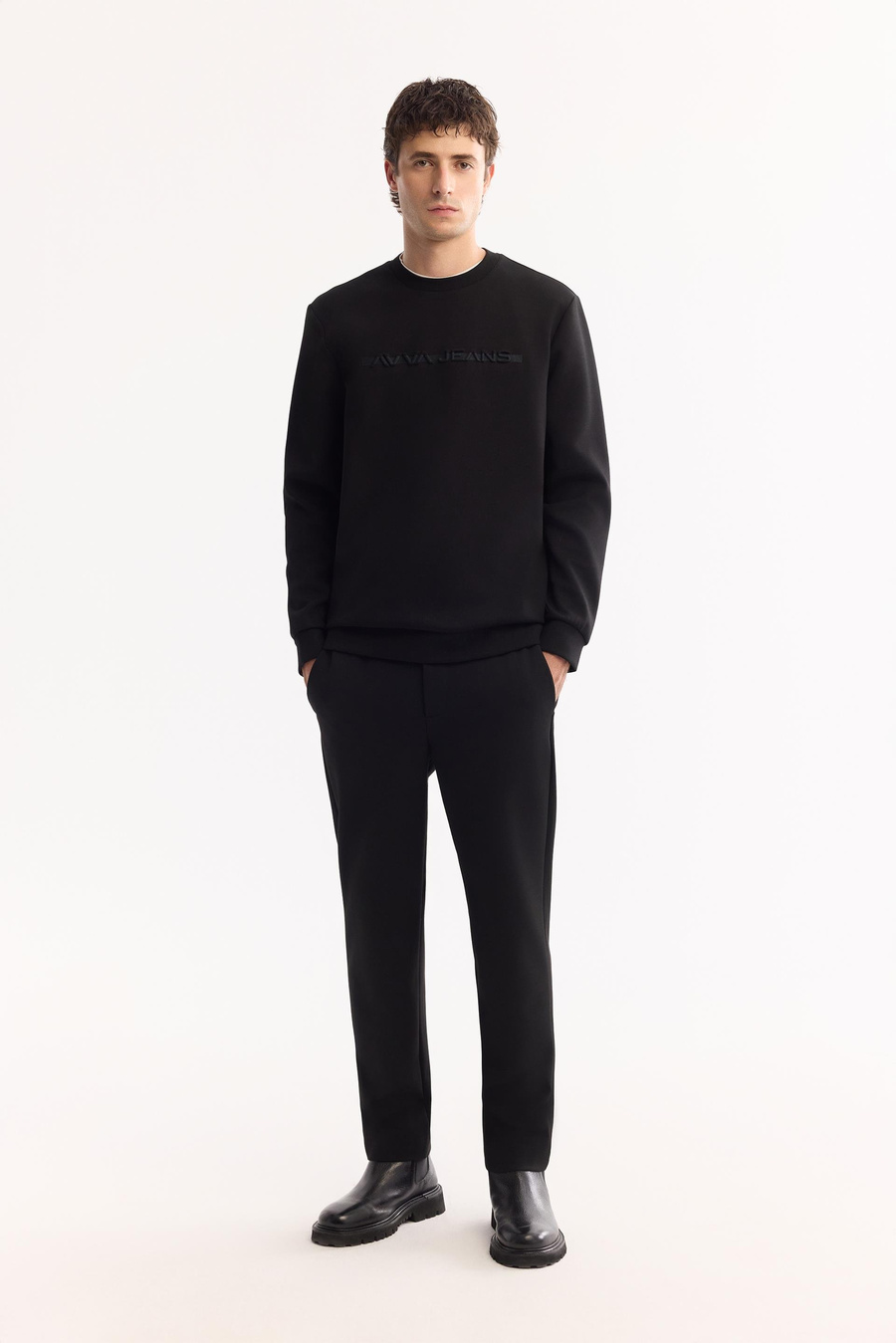 Siyah Bisiklet Yaka Gofre  Baskılı İnterlok Sweatshirt