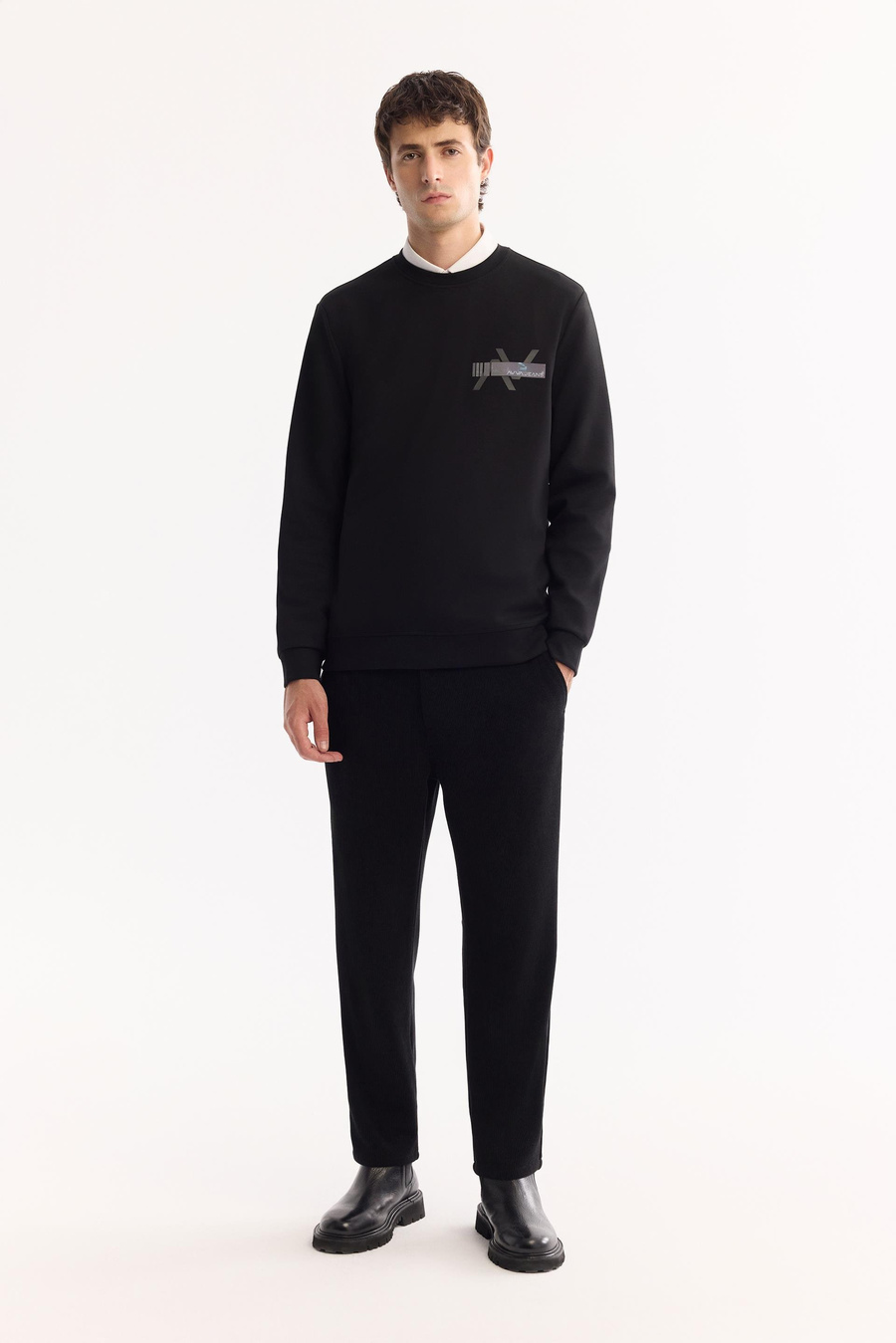 Siyah Bisiklet Yaka Göğsü Hologram Baskı  İnterlok Sweatshirt