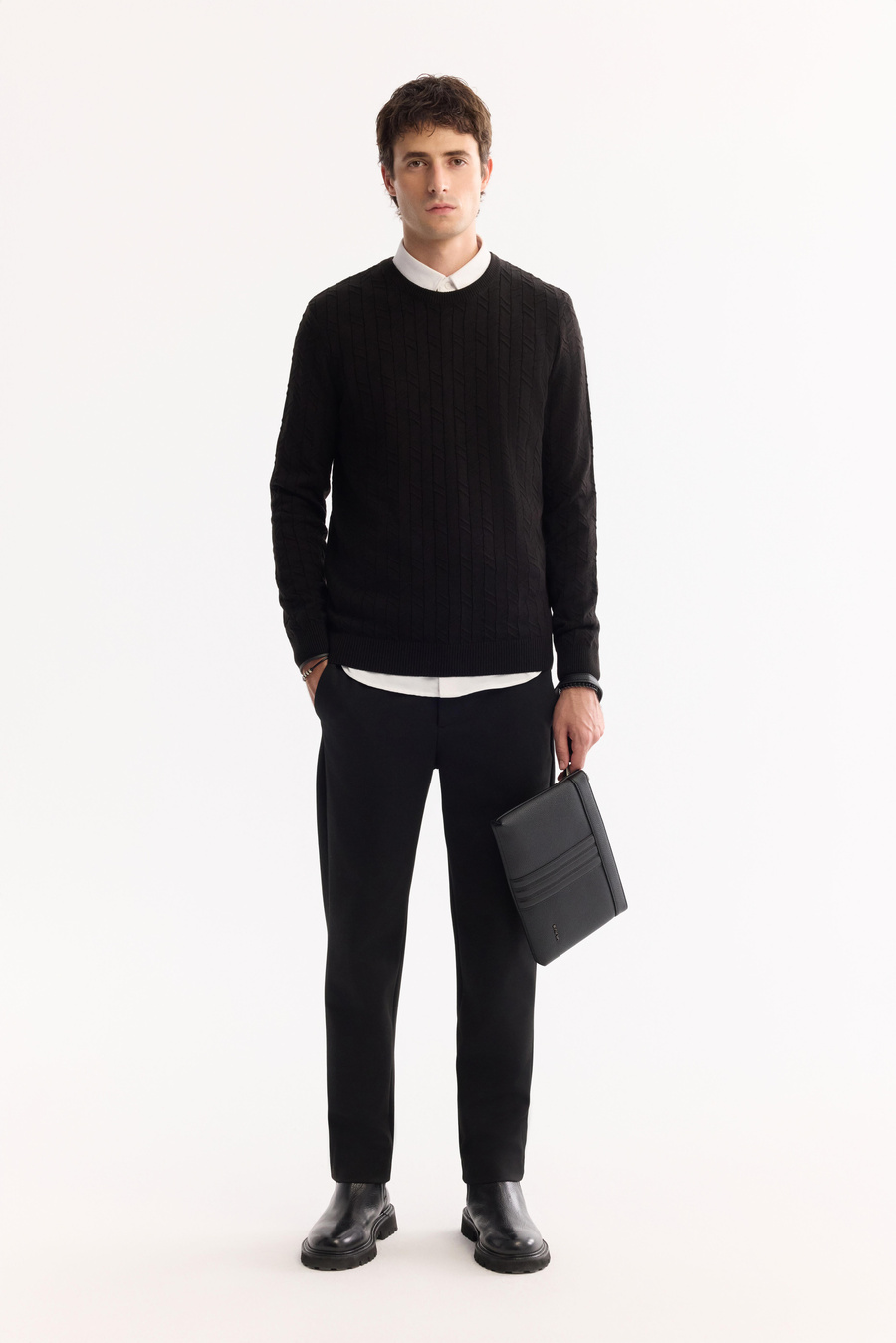 Siyah Bisiklet Yaka Jakarlı Kazak