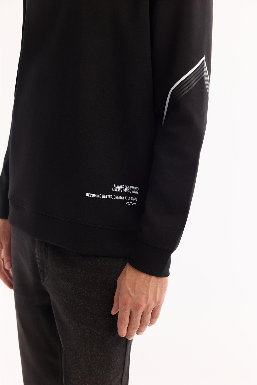 Siyah Bisiklet Yaka Kolu Fileksi  Baskılı İnterlok Sweatshirt