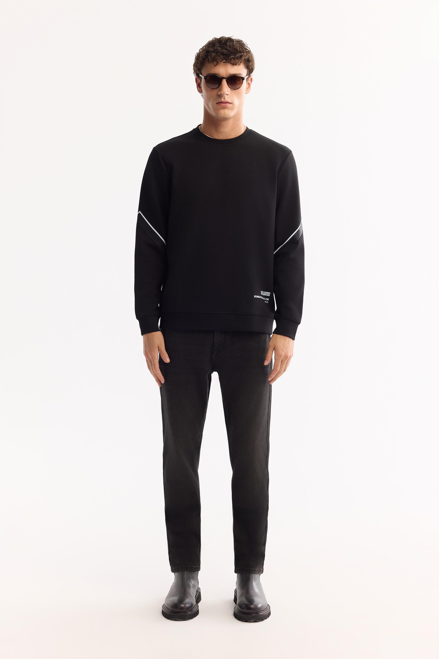 Siyah Bisiklet Yaka Kolu Fileksi  Baskılı İnterlok Sweatshirt