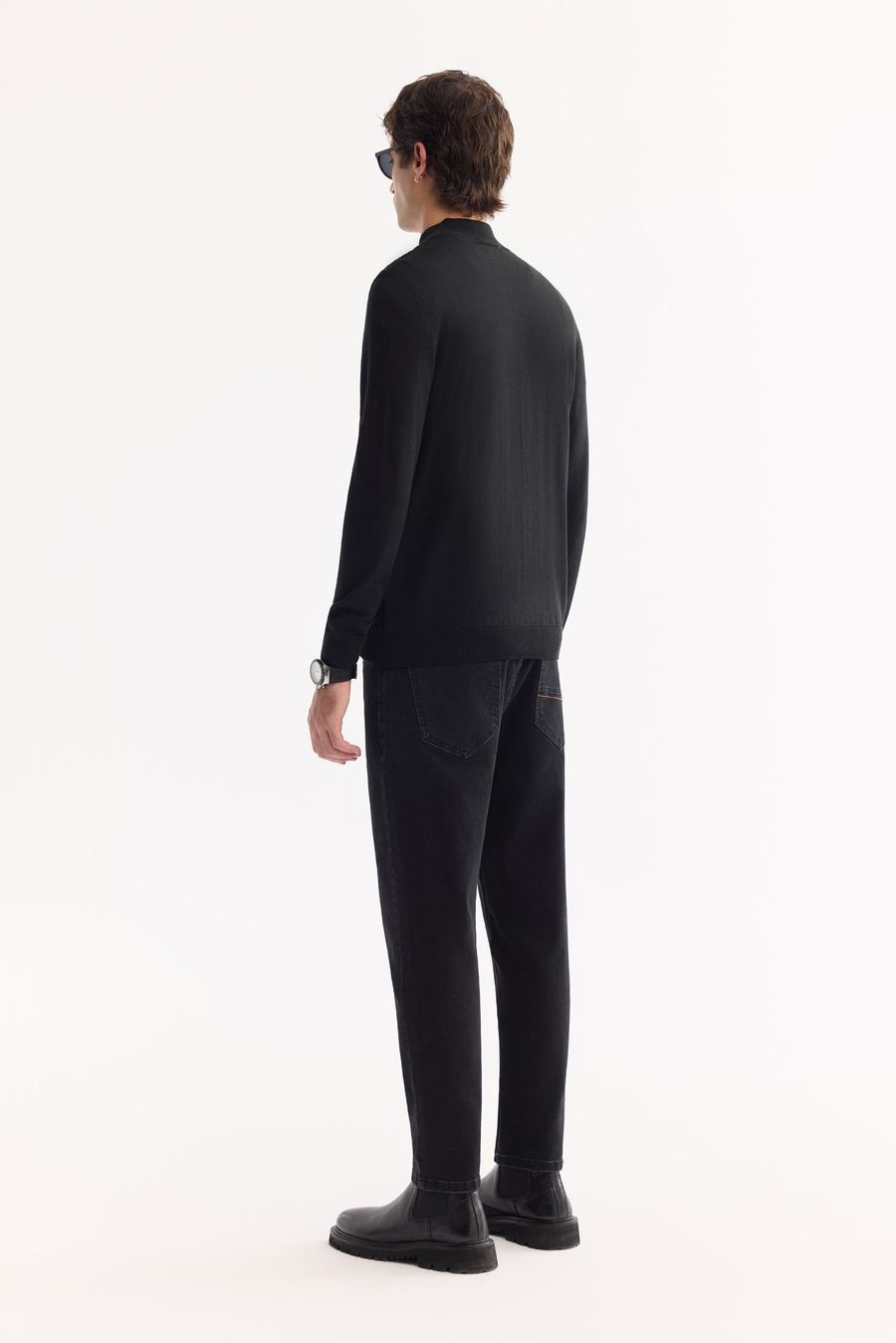 Siyah Bisiklet Yaka Ön Bedeni Jakarlı Yünlü Kazak