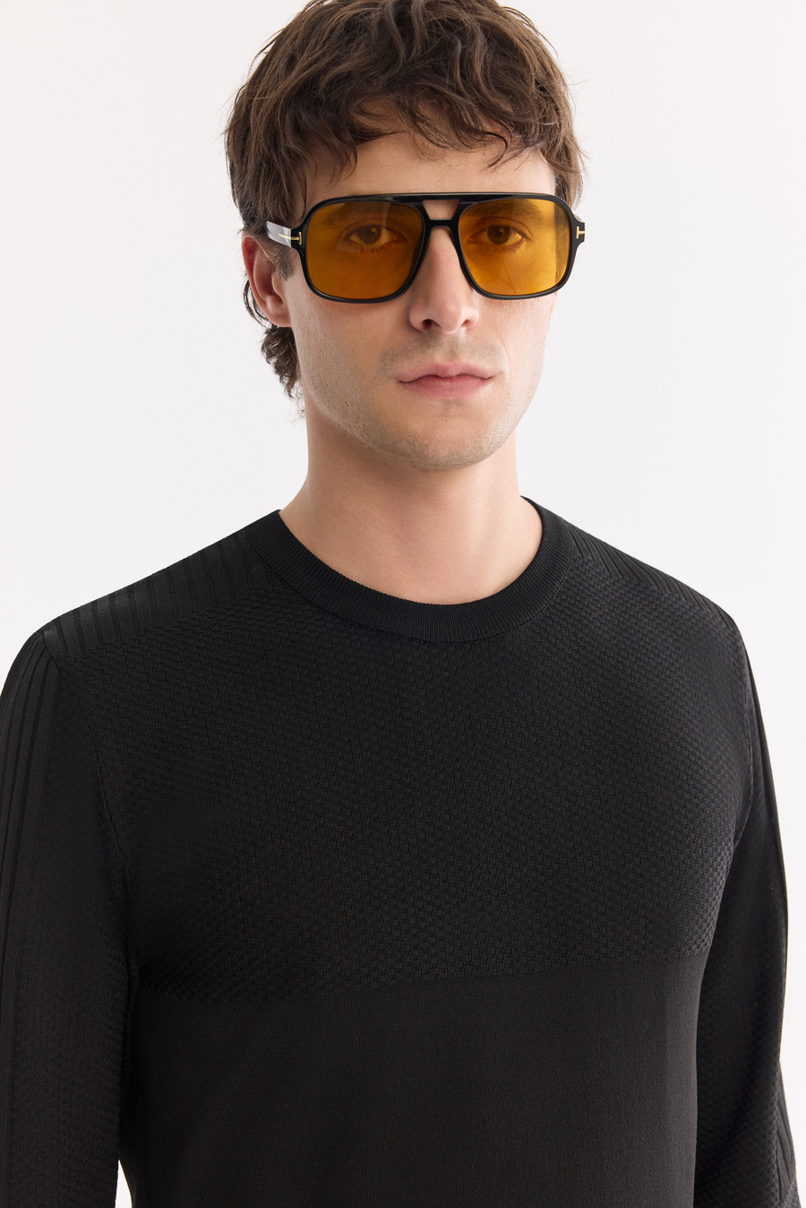 Siyah Bisiklet Yaka Ön Roba ve Kolları Örgü Detaylı Polielit Kazak