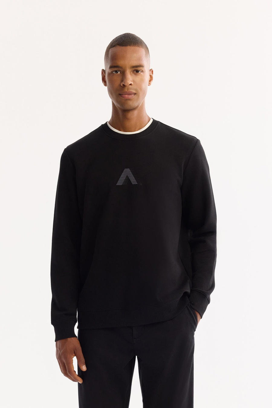 Siyah Bisiklet Yaka Ottoman  İnterlok Flok Baskı  Sweatshirt