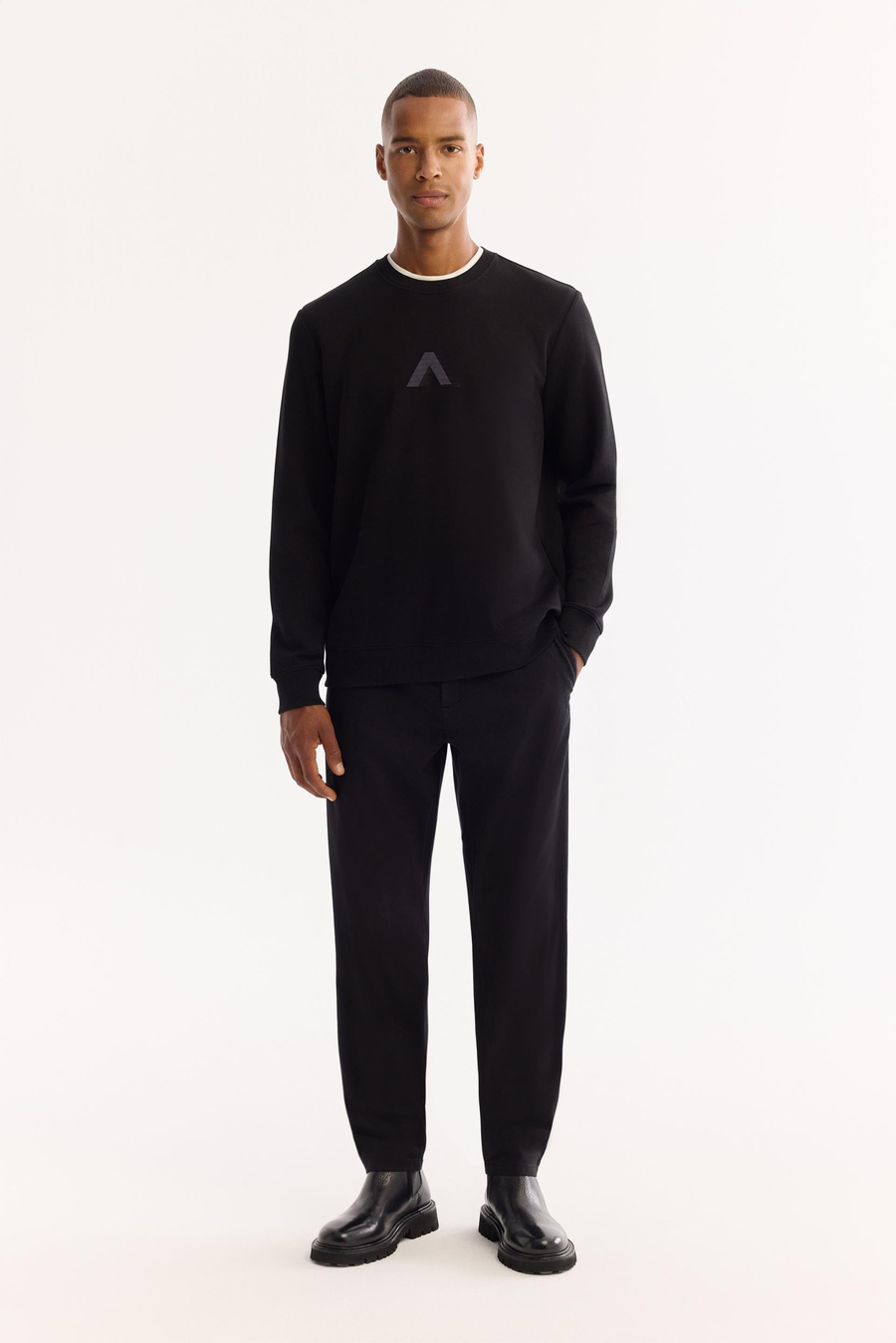 Siyah Bisiklet Yaka Ottoman  İnterlok Flok Baskı  Sweatshirt