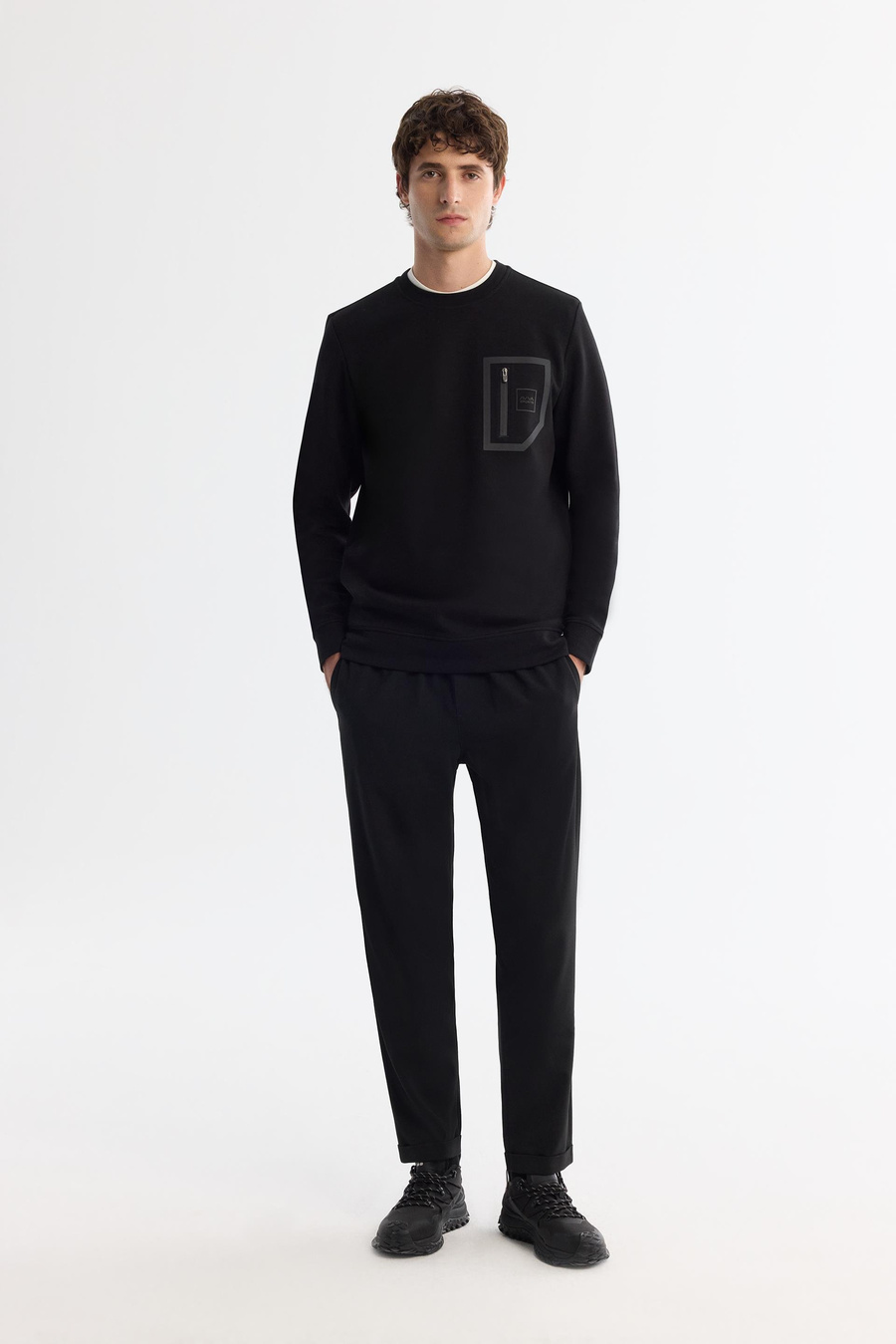 Siyah Bisiklet Yaka Pamuklu Baskılı Sweatshirt