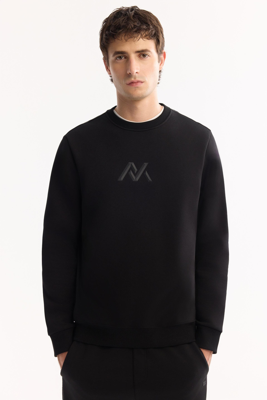 Siyah Bisiklet Yaka Piramit Baskılı 3 İplik Şardonlu Sweatshirt