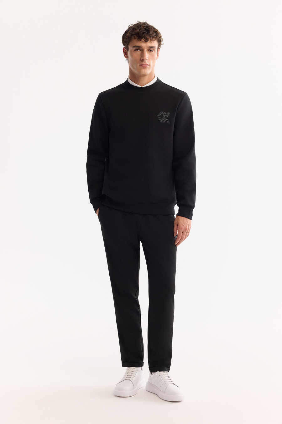 Siyah Bisiklet Yaka Piramit Baskılı İnterlok Sweatshirt