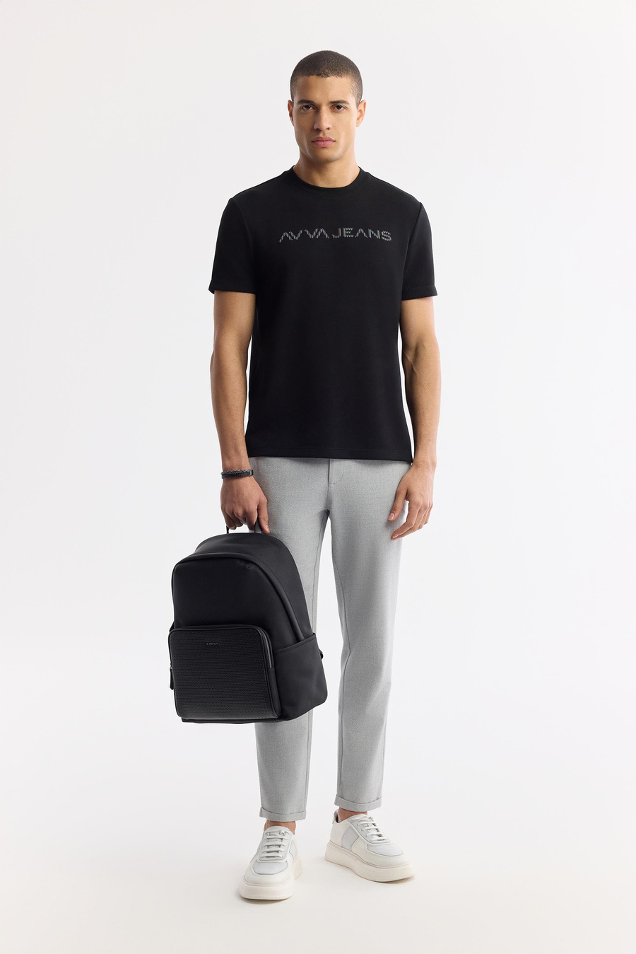 Siyah Bisiklet Yaka Reflektör Baskılı İnterlok T-Shirt | AVVA