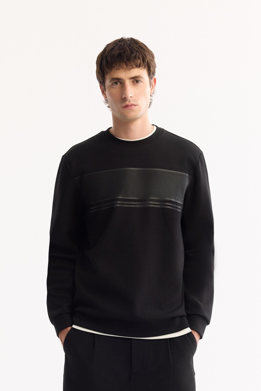 Siyah Bisiklet Yaka Silikon  Baskılı İnterlok Sweatshirt