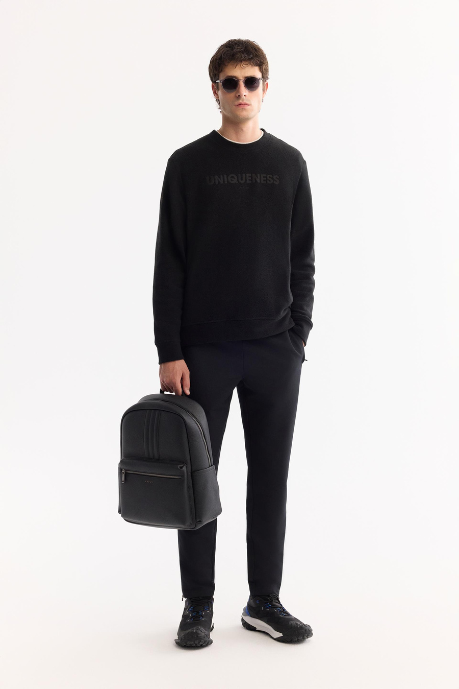 Siyah Bisiklet Yaka Slogan  Baskılı Polar Sweatshirt