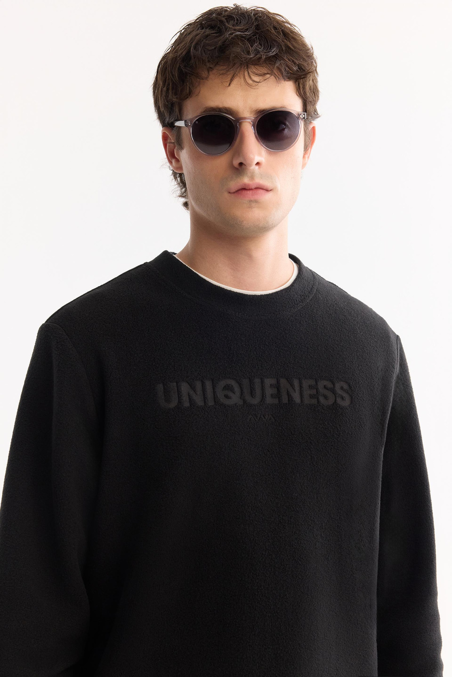 Siyah Bisiklet Yaka Slogan  Baskılı Polar Sweatshirt