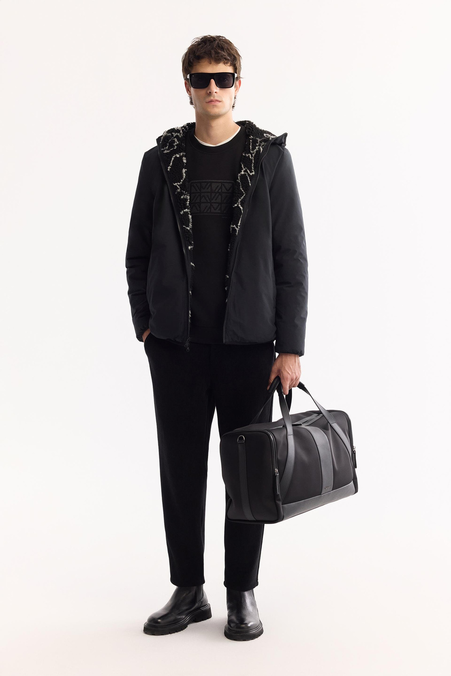 Siyah Çift Taraflı Kapüşonlu Peluş Mont