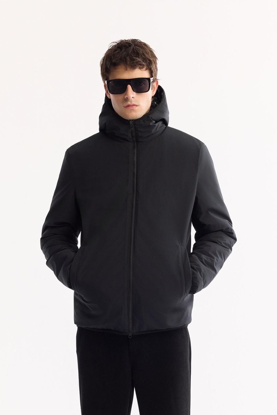 Siyah Çift Taraflı Kapüşonlu Peluş Mont