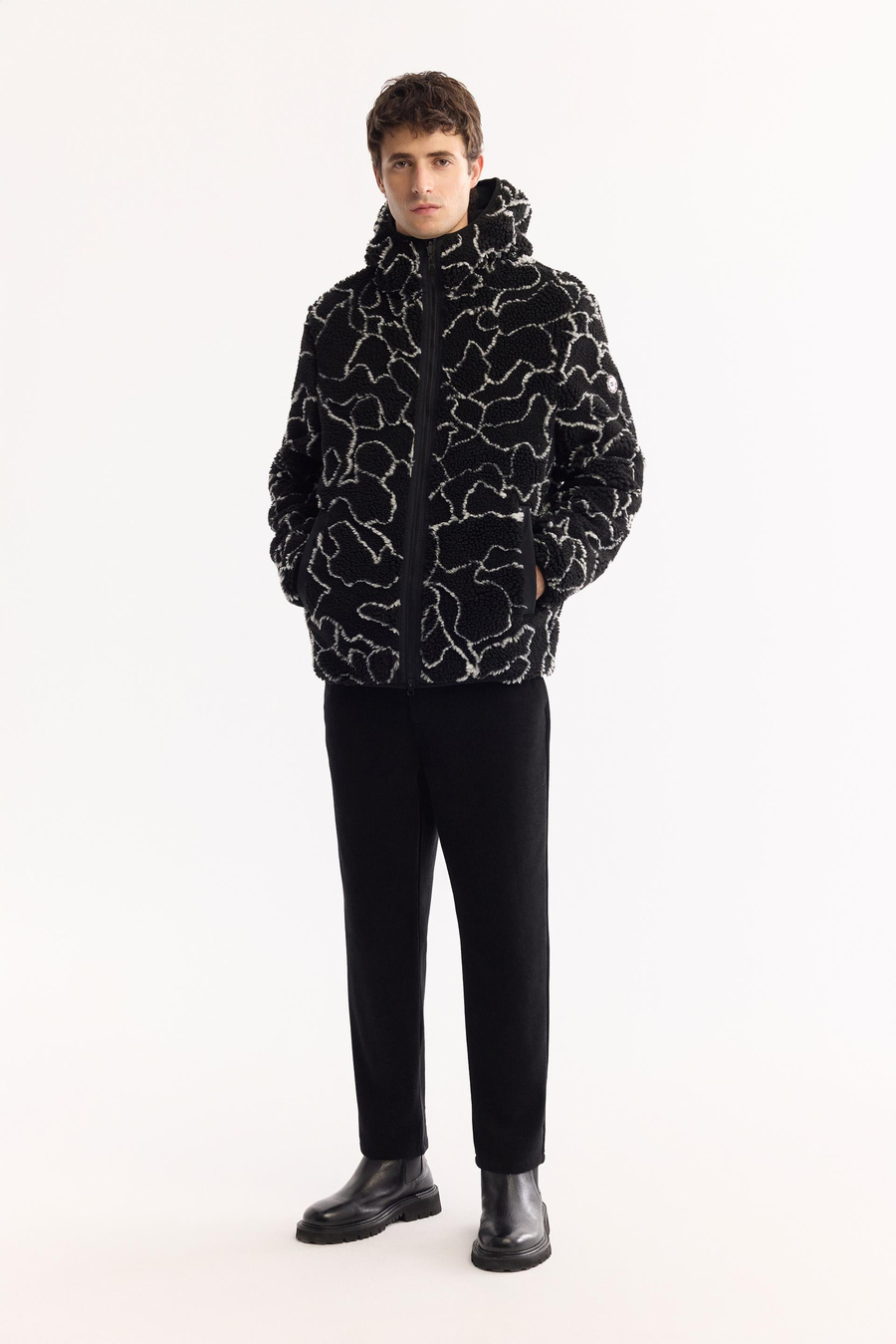 Siyah Çift Taraflı Kapüşonlu Peluş Mont